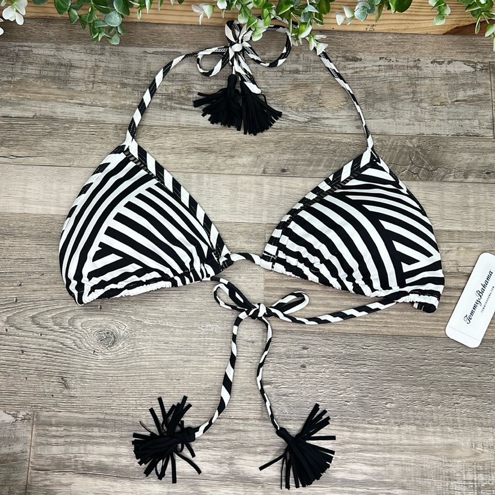 Tommy Bahama Fractured Stripe Print Black White Triangle Bikini Top NWT